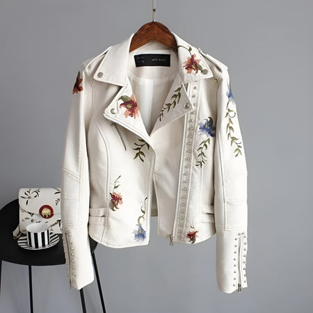 Veste Cuir Souple Moto Vintage Fleurs - Elostyl™